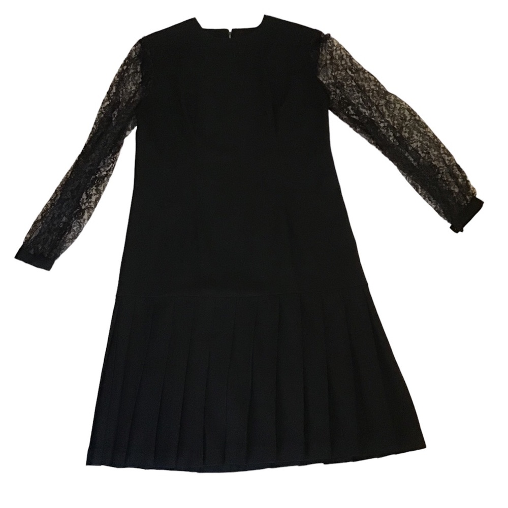 Vintage Handmade Lace Sheer Sleeve Dropped Pleated Waist Black Dress, Wednesday
